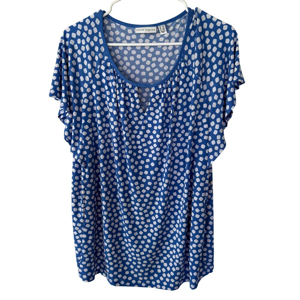 Susan Graver Liquid Knit Size 1X Blue polkadot blouse